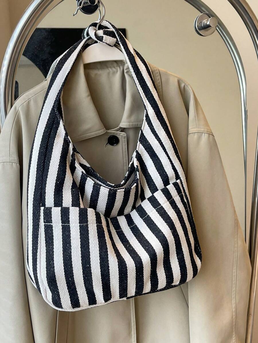 Bolso de hombro a rayas blancas y negras verticales de moda para mujer - Azul - Ver 1