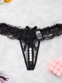 1pc Lace Open Crotch Faux Pearl Massage Sexy Lingerie For Going Out