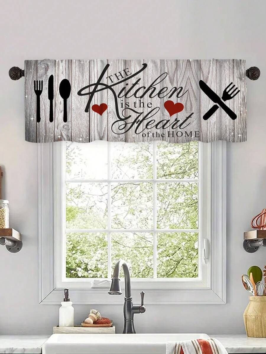 1pc Retro European Cutlery  Printed Kitchen Curtain, Small Short Curtain, Without Holes Curtain, Refer To Bedroom Office Kitchen Living Room Study Home Decor - Multicolor - View 1