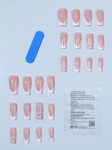 24片/套 简约白色法式美甲贴纸，心形图案设计，包含1片果冻胶和1个指甲锉，适合女性和女孩，日常和派对美甲用品 - 彩色 - 查看 2