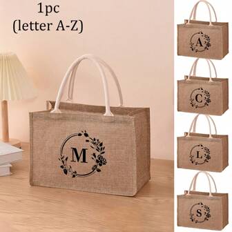1 Stück Kranz Buchstabe gedruckt Jute Tasche Handtasche, Einkaufstasche Handtasche, Frauen Mode Jutesack für Lebensmittel, tragbare Lehrertasche, Ideale Einkaufstasche, Lunch Tasche, geeignet für Frauen, Dating, Geburtstage, Feiertage, Schulanfang, Urlaub, Strand, Reisen, Pendeln, Business, Schüler, Picknick, Camping, Supermarkt, Tägliche Aufbewahrung