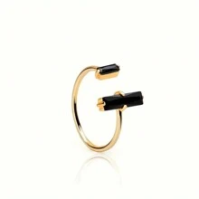 Anillo de obsidiana negra, Anillo abierto de doble barra de obsidiana, Anillo de Reiki de curación y fuerza, Anillo minimalista de estilo vintage delicado, Joyería dorada de fiesta diaria con declaraciones y regalos