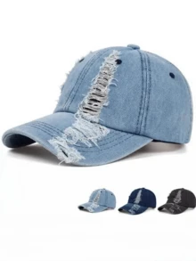 一頂復古磨損棒球帽，帽緣帶生邊設計，單色染色爸爸帽，輕盈調節遮陽帽，男女皆宜 - A - 查看 5