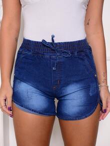 Kit 02 Women's Denim Shorts With Drawstring And Pockets Premium High Waist Elastic Bermuda Shorts - Navy Blue - View 6
