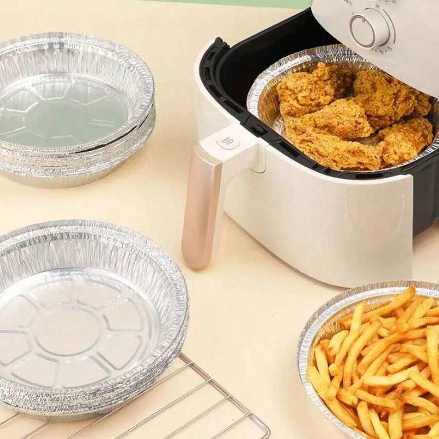 一次性鋁箔盒，耐高溫圓形烤盤，適用於家用空氣炸鍋烘焙烤肉 - 白色 - 查看 1