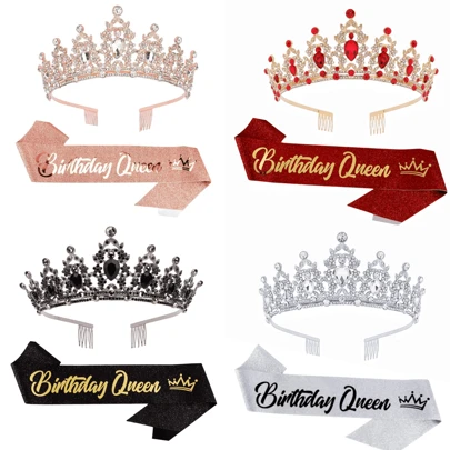 Set de 2 Diademas de Cumpleaños con Corona de Cristal y Cinta para Mujer y Niña - Diadema de Princesa Elegante con Peines para Cumpleaños de Mamá - Accesorios para el Cabello para Fiestas de Cumpleaños y Navidad