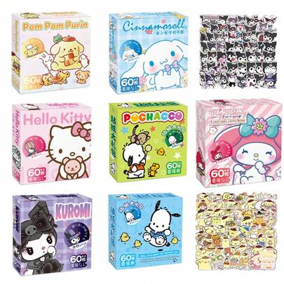 Sanrio 60pcs Kuromi Stickers Cinnamoroll DIY Stickers Hello Kitty Notebook Stickers Pacha Dog Laptop & Mobile Stickers, Pom Pom Purin Melody Birthday Card Stickers (Some Parts May Be Random) Halloween Decoration