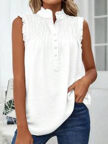 Womens Summer Crewneck Tank Top Ruffle Sleeveless Loose Fit Chiffon Blouse Shirts Button Down Smocked Casual Tunic Solid Tee Tops - trắng - Xem 1