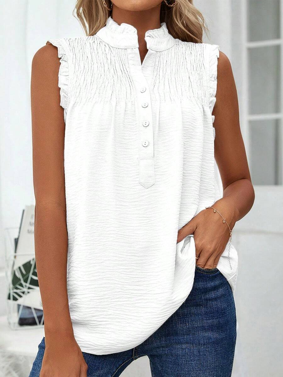Womens Summer Crewneck Tank Top Ruffle Sleeveless Loose Fit Chiffon Blouse Shirts Button Down Smocked Casual Tunic Solid Tee Tops - trắng - Xem 1