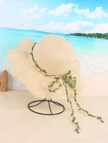 Một chiếc mũ rơm vành lớn ngoài trời mùa hè dành cho nữ có màu be với bím tóc và nơ, lý tưởng cho các bữa tiệc, du lịch và đi biển, thời trang và thanh lịch - Màu be - Xem 9