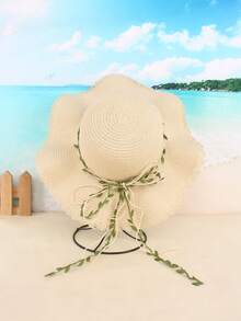 Một chiếc mũ rơm vành lớn ngoài trời mùa hè dành cho nữ có màu be với bím tóc và nơ, lý tưởng cho các bữa tiệc, du lịch và đi biển, thời trang và thanh lịch - Màu be - Xem 3