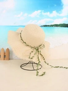 Một chiếc mũ rơm vành lớn ngoài trời mùa hè dành cho nữ có màu be với bím tóc và nơ, lý tưởng cho các bữa tiệc, du lịch và đi biển, thời trang và thanh lịch - Màu be - Xem 4