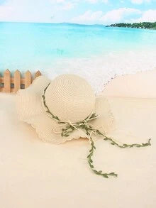 Một chiếc mũ rơm vành lớn ngoài trời mùa hè dành cho nữ có màu be với bím tóc và nơ, lý tưởng cho các bữa tiệc, du lịch và đi biển, thời trang và thanh lịch - Màu be - Xem 2