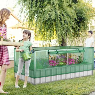 Raised Bed With Greenhouse, 2 In 1 Metal Planter Box With PE Cover, Flower Bed With Ventilated Window, Garden Bed Cold Frame For Flowers, Herbs, Vegetables & Fruit, 174 X 90 X 70 Cm