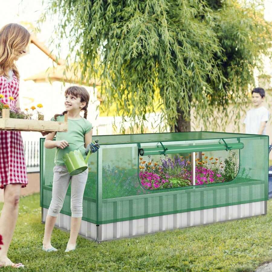 Raised Bed With Greenhouse, 2 In 1 Metal Planter Box With PE Cover, Flower Bed With Ventilated Window, Garden Bed Cold Frame For Flowers, Herbs, Vegetables & Fruit, 174 X 90 X 70 Cm - Green - View 1