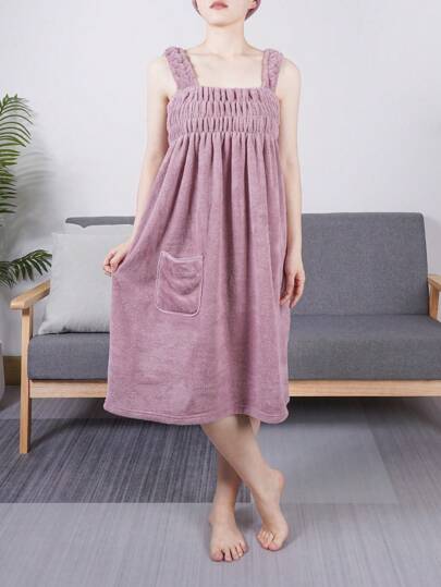 1セット コーラルフリース バスローブ(フック&ループ留め)とシャワーキャップ、学校再開