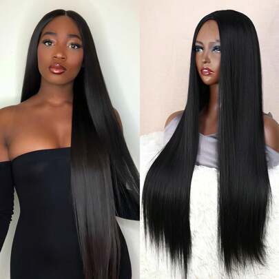 28英寸合成假髮 長直黑髮女性自然直髮製品 長黑假髮合成假髮中分