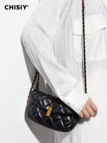CHISIY原創手工精緻珠片菱形圖案設計的黑色合成皮革革裡西式鍊條信使包，帶旋轉鎖，可調肩帶，適用於各種場合，是送女友、購物、下午茶、工作、大學、度假以及四季使用的理想禮物 - 黑色 - 查看 3