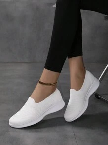 Women Slip-On Nurse Shoes, Doctor Shoes, Sneakers, Net Breathable Shallow Flat Work Shoes, Lightweight Mom Shoes, White Color