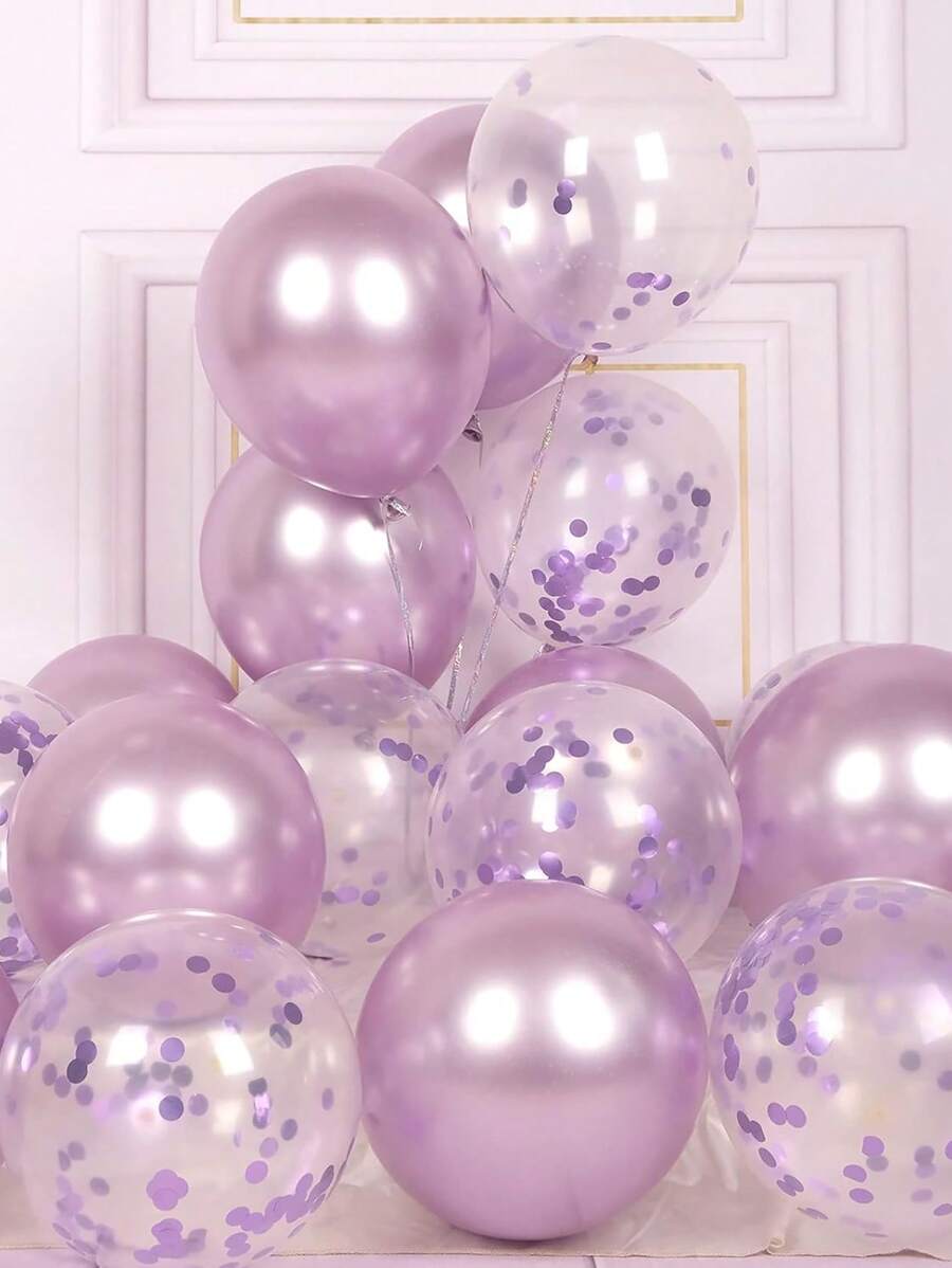 32pcs AULE Party Balloon 30-Pack - Metallic Light Purple Balloon And Gold Confetti Balloon With 2 Ribbons - 12 Inch Balloon Decoration Kit