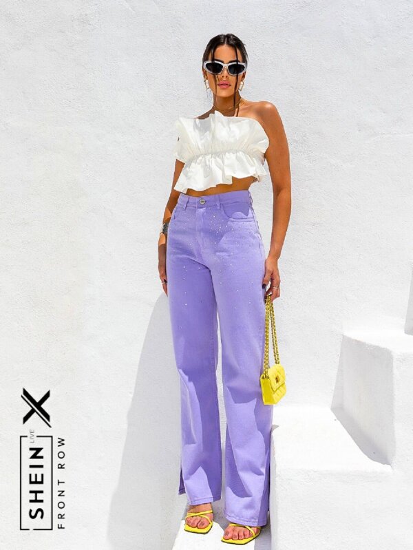 Lumini Jeans Calça Jeans Feminina Wide Leg Lavanda Com Strass + Barra Com Fenda 100% Algodão