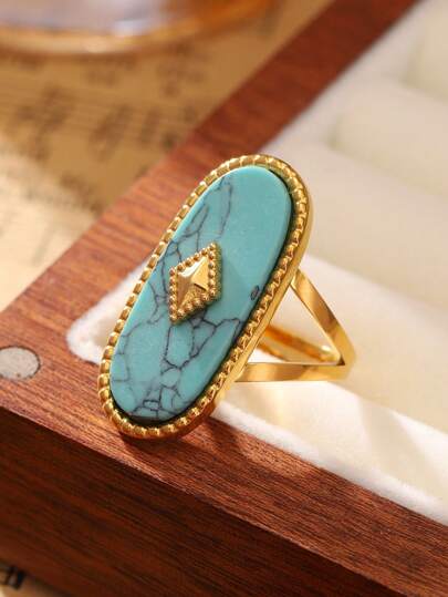 SophiaXuan 1pc Vintage Fashion Geometric Zirconia Gold Stainless Steel Ring With Turquoise Decor, Elegant Ladies Holiday Party Gift Minimalist Jewelry Ring