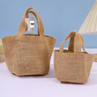 10pcs 100% Natural Knitted Linen Handbag For Cosmetics, Party, Wedding, Birthday, Gift, Portable, Casual, Travel, Natural And Storage Bag(Dimension Of Big Size: 23cm*12cm, Dimension Of Small Size: 16cm*8cm),Christmas Valentine Day