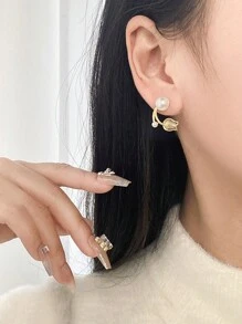 一对别致的郁金香花形仿珍珠耳钉，优雅女士款。情人节配饰 - 金色 - 查看 8