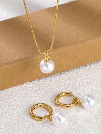 不锈钢防水不褪色金色时尚简约白珍珠项链耳环套装，适合女性日常佩戴