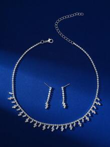 3 件套水钻项链和耳环 - 銀色 - 查看 2