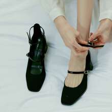 MOUSSE FIT Ankle Strap Square Toe Chunky Heeled Pumps Mary Jane Women Shoes ,Casual Fashion High Heel Shoes,Suitable For Spring And Summer,Black Heels,Burgundy Heels - màu đen - Xem 9