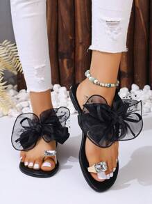 Pantuflas planas con lazo grande y hebilla enjoyada para el dedo gordo, ideal para San Valentín