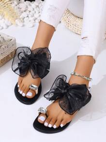 Pantuflas planas con lazo grande y hebilla enjoyada para el dedo gordo, ideal para San Valentín