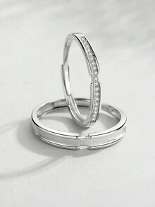 一對全925銀鑲嵌情侶開口戒指，附帶包裝盒，時尚、精美、多用途，適合婚禮、約會和禮物贈送 - 銀色 - 查看 9