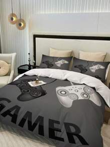3pcs Modern Gamepad Print Polyester Comforter Cover Set(1Comforter Cover+2Pillowcase), Youth Video Game Controller Mouse Keyboard Headphone Gaming Equipment Pattern Bedding Set For Bedroom Dorm Room (No Quilt)