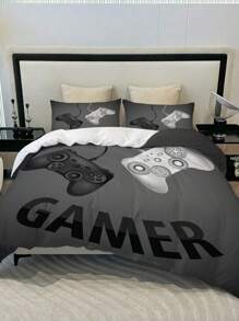 3pcs Modern Gamepad Print Polyester Comforter Cover Set(1Comforter Cover+2Pillowcase), Youth Video Game Controller Mouse Keyboard Headphone Gaming Equipment Pattern Bedding Set For Bedroom Dorm Room (No Quilt)