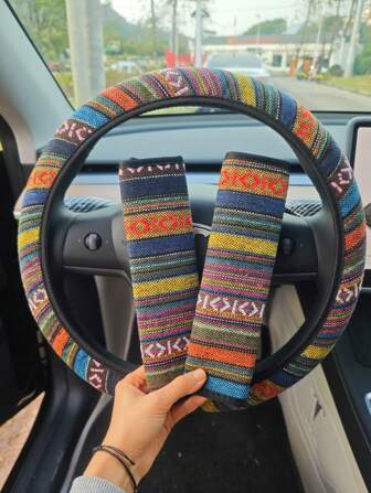 3入組復古亞麻方向盤套，波西米亞風格彩色三件式方向盤保護套，肩帶保護