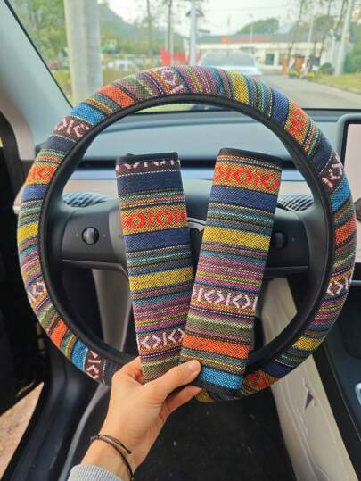 3入組復古亞麻方向盤套，波西米亞風格彩色三件式方向盤保護套，肩帶保護