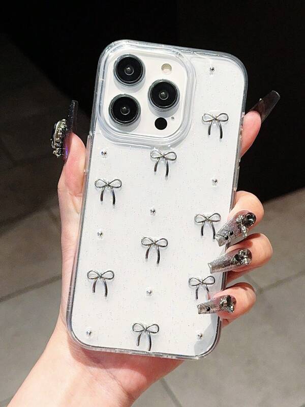 Apple Aesthetic Iphone 16 A Droplet Glue Silver Bead Bowknot Decorated Phone Case Compatible With IPhone 13promax/15promax/14promax/11pro/14pro/15pro/13pro/13/12/11/14