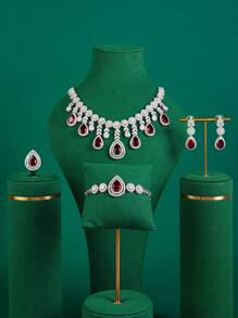 歐美風格紅色立方氧化鋯珠寶套裝，包括耳環、項鍊、戒指和手鐲，豪華婚禮晚宴高端配飾 - 紅色 - 查看 2