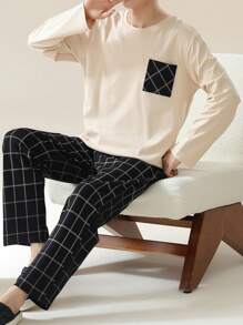 AICJ 2pcs Men's Casual Loose Fit Round Neck Long Sleeve Top And Plaid Patchwork Pants Homewear Set, Spring/Autumn/Winter, Fall Clothes