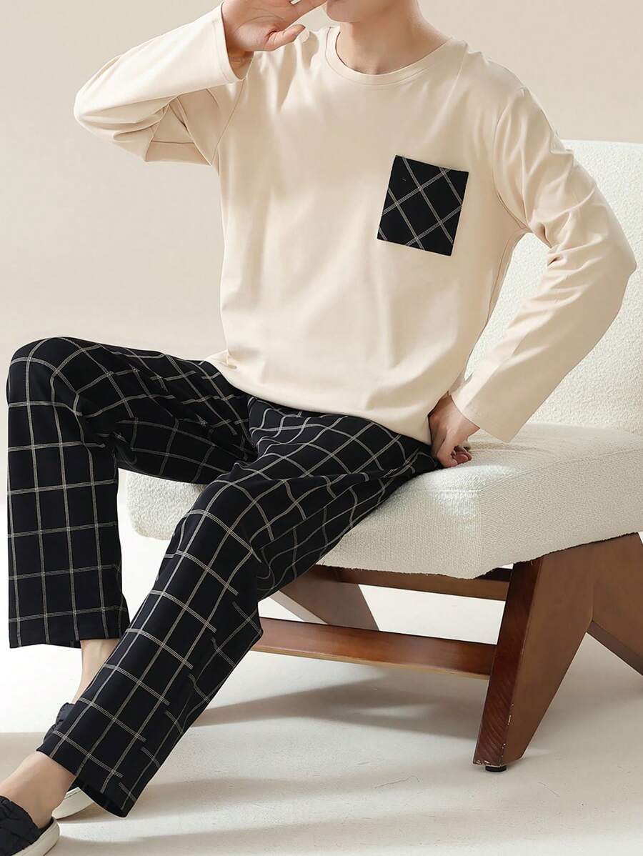 AICJ 2pcs Men's Casual Loose Fit Round Neck Long Sleeve Top And Plaid Patchwork Pants Homewear Set, Spring/Autumn/Winter, Fall Clothes