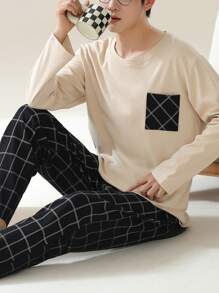 AICJ 2pcs Men's Casual Loose Fit Round Neck Long Sleeve Top And Plaid Patchwork Pants Homewear Set, Spring/Autumn/Winter, Fall Clothes