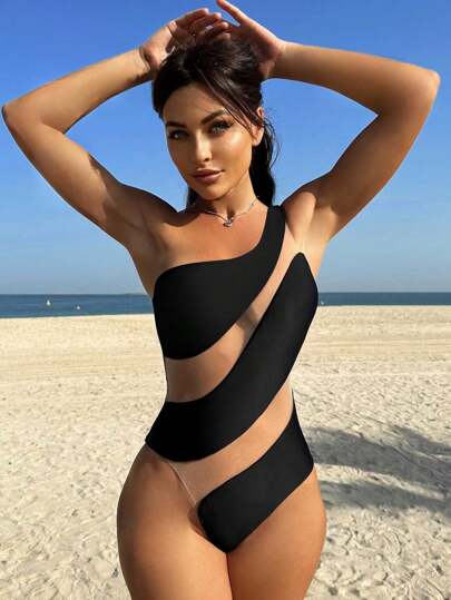 Traje de baño de una pieza para mujer con un solo tirante, parches de malla y diseño sexy, para playa, vacaciones y verano