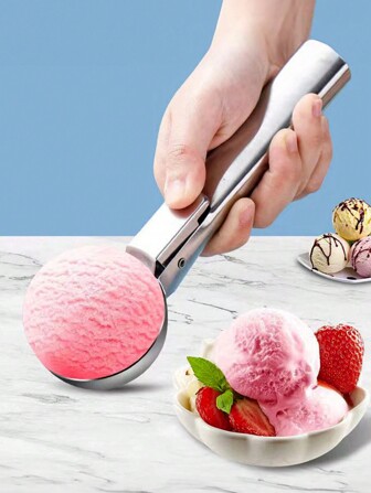 1pc Stainless Steel Ice Cream Scoop, Perfect For Frozen Yogurt, Multi-Functional Ice Cream Scoop, Stainless Steel Double Use Scoop, Non-Stick Ice Cream Scoop With Comfortable Anti-Frost Handle, Heavy Duty Metal Ice Cream Scoop With Trigger, Sturdy Stuffing Scoop, Home Ice Cream Tools Scoop, Easy To Clean, Suitable For Ice Cream, Cookie Dough, Sorbet, Almond, Ideal For Kitchen, Dessert Shop And Western Restaurant. Back To School