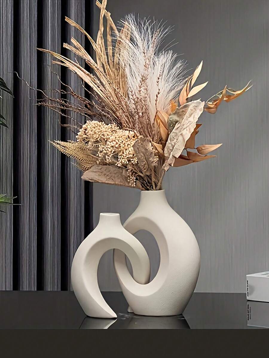 Hollow Ceramic Vase Set Of 2, Round Modern Vase For Nordic Minimalist Book Style Shelf Decor, Donut Boho Aesthetic Vases For Home Living Room Entryway Coffee Table Decorative Gifts Birthday Graduation Home Decor Room Decor Flower Vase Glass Vase - White - View 1