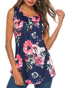 Womens Summer Tank Tops Basic Sleeveless Scoop Neck Loose Fit Floral Printed Boho T Shirts Flowy Casual Cami Pleated Tunic Tee Blouse - 藍色 - 查看 3
