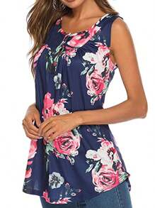 Womens Summer Tank Tops Basic Sleeveless Scoop Neck Loose Fit Floral Printed Boho T Shirts Flowy Casual Cami Pleated Tunic Tee Blouse - 藍色 - 查看 2