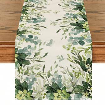 1pc Green Flowers Floral Eucalyptus Summer Table Runner, Seasonal Spring Kitchen Dining Table Decoration For Home Party Decor