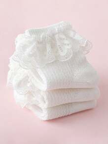 3 双女童蕾丝网眼透气荷叶边袜子适合日常穿着或派对,春夏季 - 白色 - 查看 6